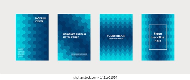 Colorful book cover design. Poster, corporate business annual report, brochure, magazine, flyer mockup. Blue a4 template. Halftone gradients. Modern geometric pattern. Vector. 