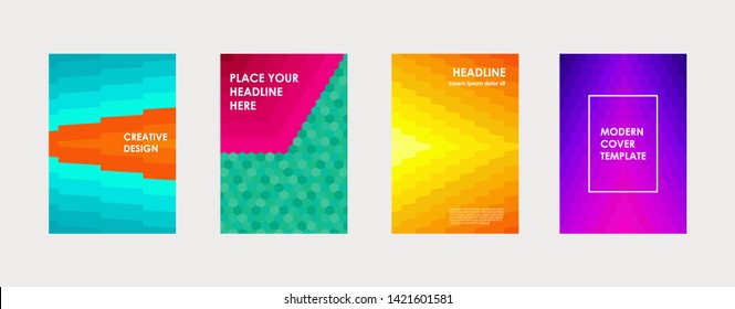 Colorful book cover design. Poster, corporate business annual report, brochure, magazine, flyer mockup. Green, violet, pink, blue, orange a4 template. Halftone gradients. Geometric pattern. Vector. 