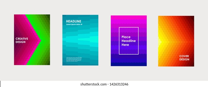 Colorful book cover design. Poster, corporate business annual report, brochure, magazine, flyer mockup. Green, violet, pink, blue, orange a4 template. Halftone gradients. Geometric pattern. Vector. 