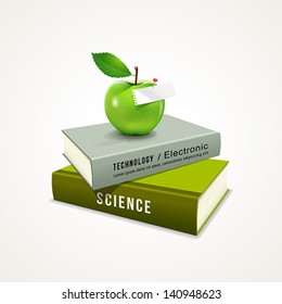 Colorful book and green apple, vector illustration