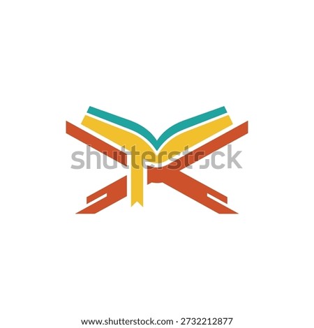 Colorful book icon with intersecting ribbons forming an x shape modern flat design style vibrant teal yellow and red hues symbolizing education creativity and knowledge sharing