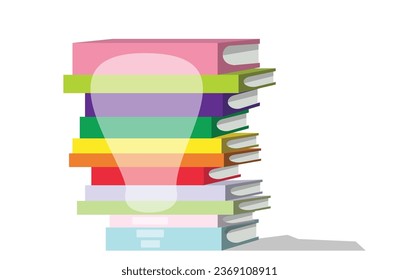 Colorful book on top of each other with light bulb showing on there covers