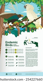 Ideia colorida da página do livro com a ilustração plana de Halmahera Indonesian aves