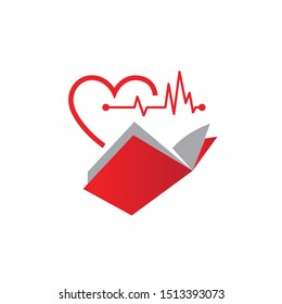 Colorful book with red heart and medical heartbeat illustration graphic logo design inspiration
