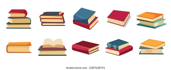 Colorful book stack collection, cute cartoon books set, colorful textbooks in flat design style illustration