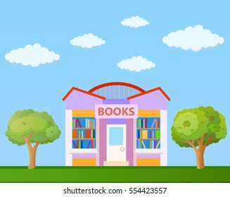Colorful Book store building front view on nature background, vector illustration