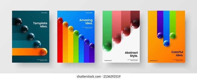 Colorful booklet A4 design vector layout collection. Bright 3D balls postcard template bundle.