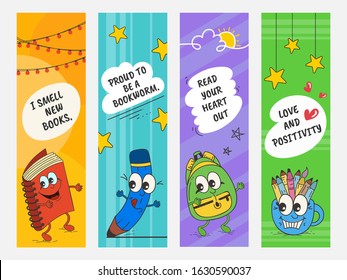 Colorful Bookmark with Cartoon Education Elements and Given Messages.