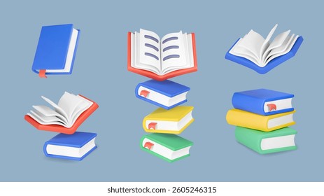 Colorful books with bookmark icons set. Learn and study. Opened, closed library book icons. Education, reading. Knowledge sign. A stack of textbooks 3d vector illustration