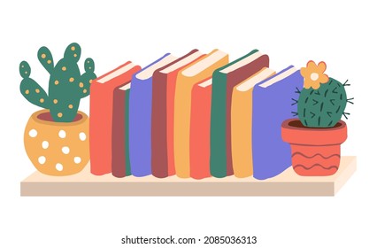Colorful books and cacti are on the shelf. Cartoon vector illustration, isolated on white background