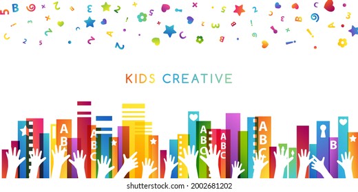 Colorful books, children hands up and fun letters confetti. Horizontal border. Kids creative conceptual vector illustration.