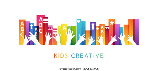 Colorful books with children hands up. Horizontal divider. Kids creative conceptual vector illustration.