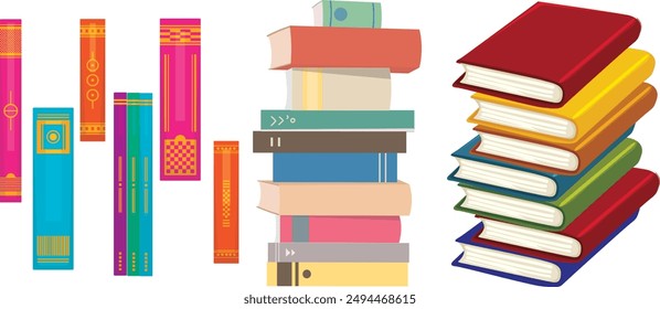 Colorful books of different sizes on an isolated white background, creating a vibrant and dynamic representation of different genres and themes