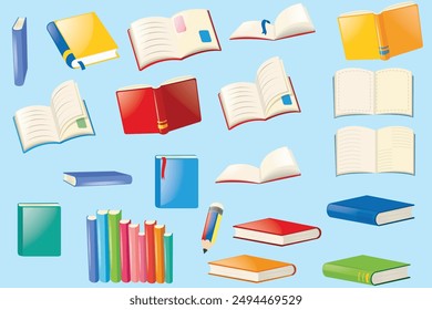 Colorful books in different sizes on an isolated white background. Some open, others closed, at different angles, creating a lively and dynamic representation of different genres and themes