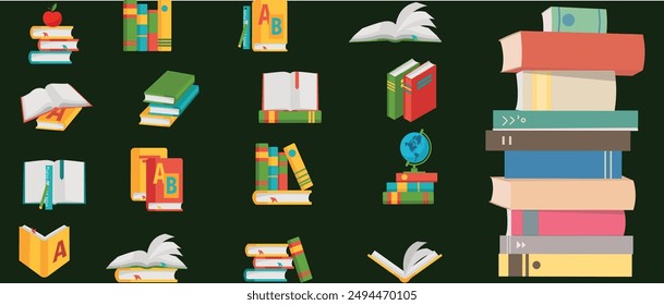 Colorful books in different sizes on an isolated white background. Some open, others closed, at different angles, creating a lively and dynamic representation of different genres and themes