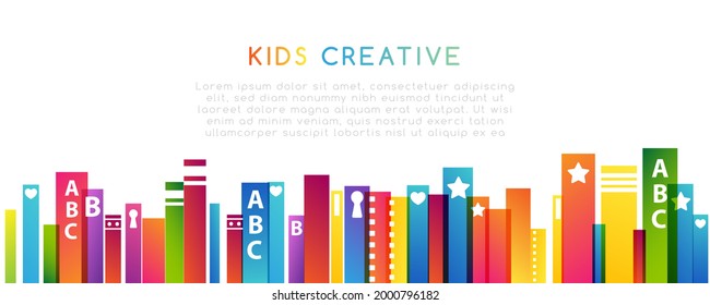 Colorful books. Horizontal border. Kids creative conceptual vector illustration.