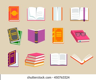 Colorful books icons set, vector illustration. Learn and study. With opened book object, closed book. Education and knowledge. 