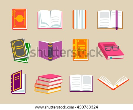 Colorful books icons set, vector illustration. Learn and study. With opened book object, closed book. Education and knowledge. 