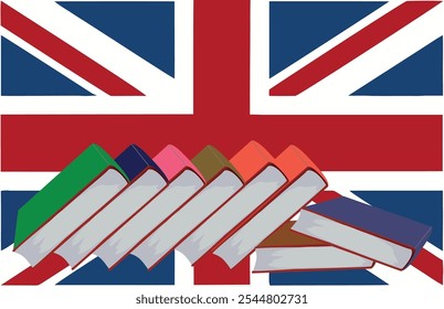 Colorful books lying on a british flag represent studying in great britain