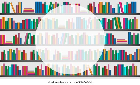 colorful books on shelves vector background with white rounded copy space in the middle 