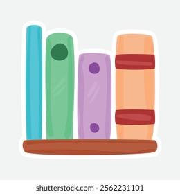 Colorful Books on Wooden Shelf Sticker. Vector sticker of colorful books neatly arranged on a wooden shelf. Perfect for libraries and study themes