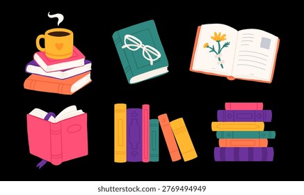 Colorful books set dark background, stack with coffee cup, open book with flowers, glasses, shelf row, bright reading collection illustration