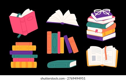 Colorful books set dark background, stack with coffee cup, open book with flowers, glasses, shelf row, bright reading collection illustration