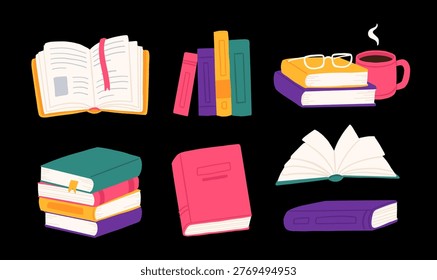 Colorful books set dark background, stack with coffee cup, open book with flowers, glasses, shelf row, bright reading collection illustration