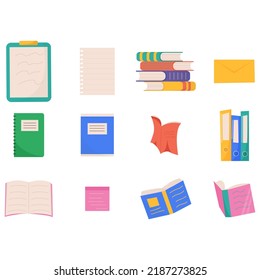 Colorful books set. Books in a stack, open, in a group, closed. Learn and study.