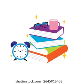 Colorful Books Stack with Blue Alarm Clock, Pink Mug, and Black Glasses for Study Time