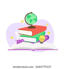 Colorful Books Stack with Green Globe, Purple Beaker, and Yellow Light Bulb for Education
