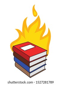 colorful books stack on fire, vector illustration