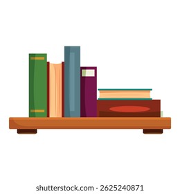 Colorful books standing and laying on a wooden shelf, perfect for library, bookstore, education or knowledge concepts