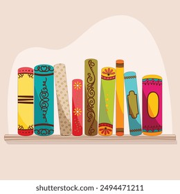 Colorful books standing in a row. Banner in cartoon style. Isolated on white background. Vector flat illustration