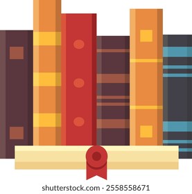 Colorful books standing upright on a shelf with a rolled up diploma featuring a red ribbon and seal, symbolizing academic success and the completion of studies