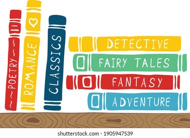 Colorful Books with various Genres on a shelf. Vector Illustration 