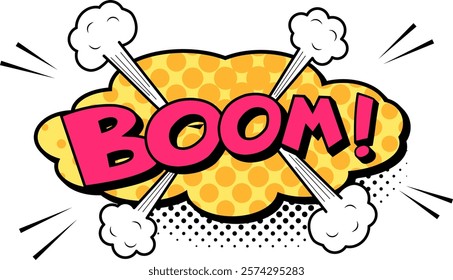 Colorful boom explosion comic book cloud with halftone dots, smoke clouds and speed lines radiating outwards, embodying the energy and impact of a sudden burst or surprising event