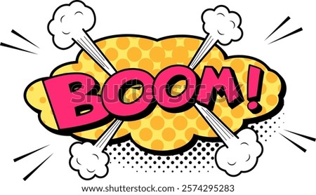 Colorful boom explosion comic book cloud with halftone dots, smoke clouds and speed lines radiating outwards, embodying the energy and impact of a sudden burst or surprising event