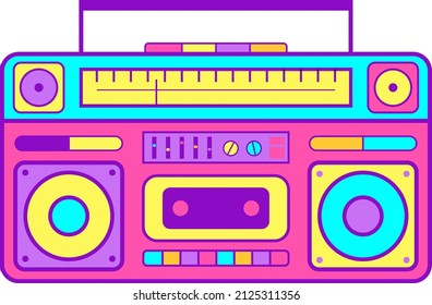 colorida música de cassette boombox 90s ilustraciones vectoriales retro sobre fondo blanco. Elemento de diseño para logotipo, etiqueta, emblema, signo, insignia, póster, camiseta, tela, tela, papel, textil. 