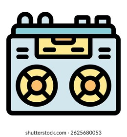 Colorful boombox illustration featuring circular speakers and retro elements