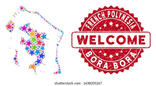 Colorful Bora-Bora map composition of stars, and scratched round red WELCOME seal. Abstract territorial scheme in bright color tinges. Vector Bora-Bora map is designed of color stars.