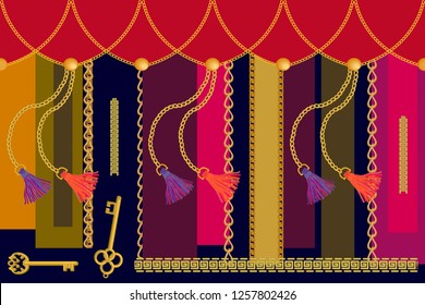 	
Colorful border with baroque motifs. Seamless vector pattern with golden chains, curtain brushes and other decorative elements. Women fashion collection. Red, black, brown.