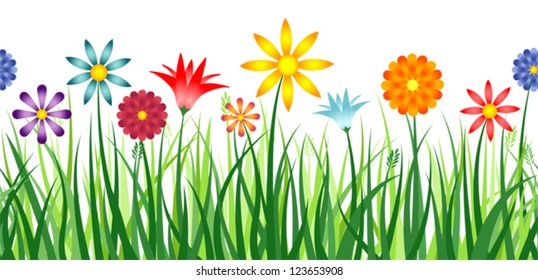 A colorful border depicting flowers in a field of grass. Horizontally repeatable. Eps 10 Vector.
