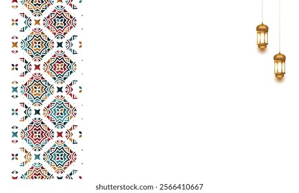 Colorful border Eid Mubarak Ramadan Kareem arabesque Islamic background banner ornament. Arabic arch design. Translation: "Muslim fasting month and celebration day after fasting"