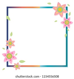 Colorful border frame decorated with pink and orange flowers on white background. Ideal for invitation, card, greeting, birthday, wedding.
