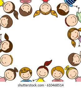 colorful border with half body group cartoon children vector illustration