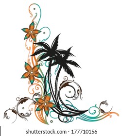 Colorful border, palm trees, flowers and waves