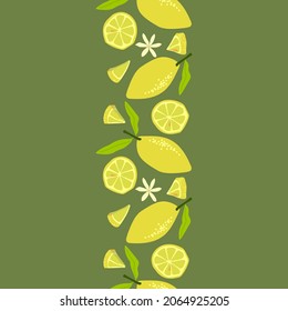 Plantilla de borde colorida con limones enteros y cortados. Para imprimir papel envolvente, embalaje, tela. Ilustración vectorial dibujada a mano.