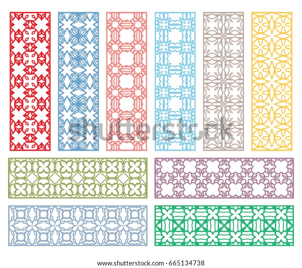 Colorful\
borders set. Decorative geometric line patterns. Tribal ethnic\
arabic, indian, turkish ornament, bookmarks templates set. Isolated\
design elements. Vector fashion lace\
collection