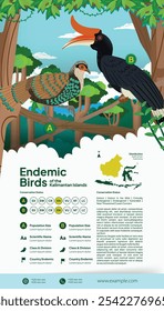 Póster plano de la idea del diseño de la ilustración de los pájaros coloridos de Borneo